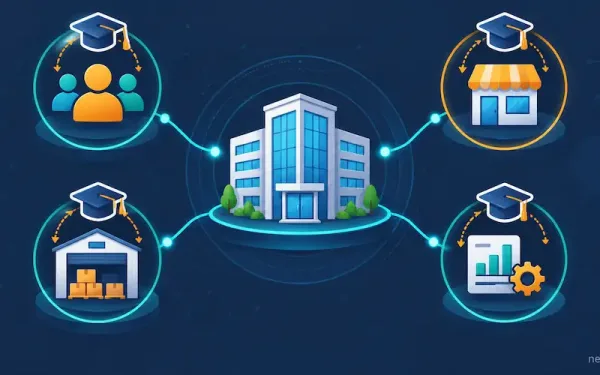 Flat Vector Illustration Of A Company Connected To Customers, Resellers, And Consultants Via Training Icons