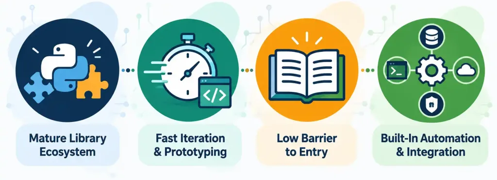 Python For Cybersecurity: Why It'S A Core Skill, Not Just A Convenience 2 Infographic Showing Four Reasons Python Is Widely Used In Cybersecurity: Libraries, Speed, Accessibility, And Automation