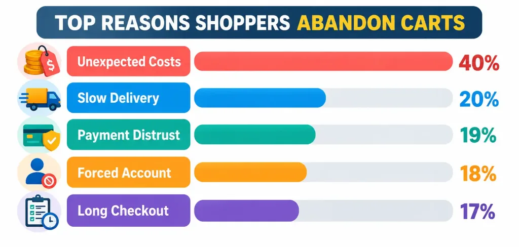 A Practical Guide To Building A Successful Ecommerce Marketing Strategy 2 Bar Chart Showing The Top Five Reasons For Cart Abandonment, Led By Unexpected Costs At 40 Percent