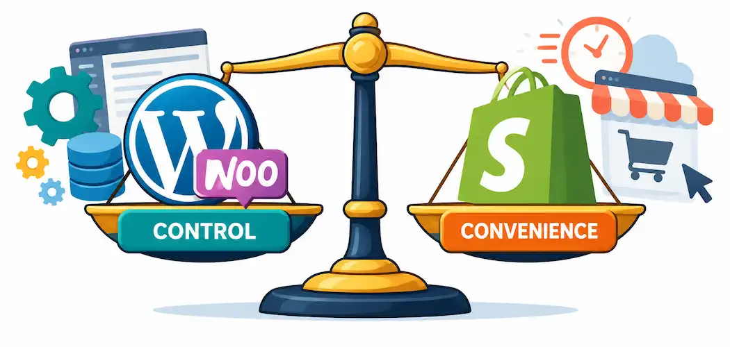 Woocommerce To Shopify: An Honest Look At Whether You Should Migrate 1 Balance Scale Weighing Woocommerce'S Control Against Shopify'S Convenience