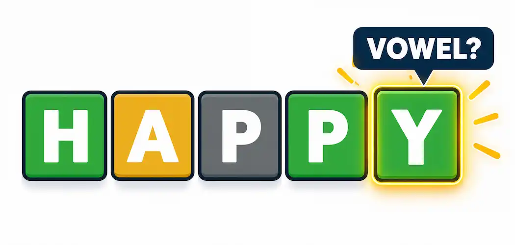 Why Y Counts As A Vowel In Wordle (And How To Use That) 1 Wordle Letter Tiles Spelling Happy With The Final Y Tile Highlighted And Labeled As A Vowel