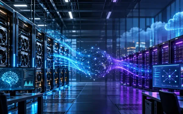 Ai Cloud Data Center With Gpu Server Racks And A Connected Neural Network Visualization