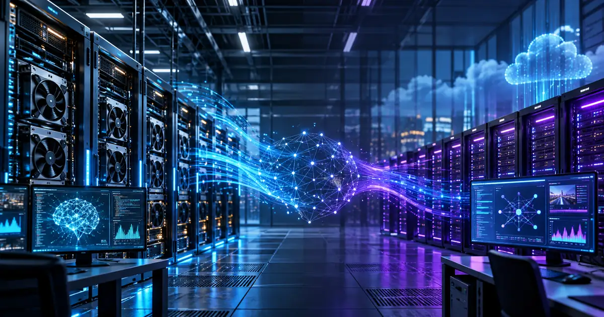 Ai Cloud Data Center With Gpu Server Racks And A Connected Neural Network Visualization