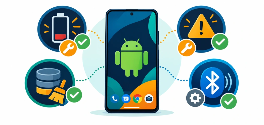 15 Common Android Problems And How To Actually Fix Them 1 Android Smartphone Surrounded By Icons Representing Common Problems And Their Fixes