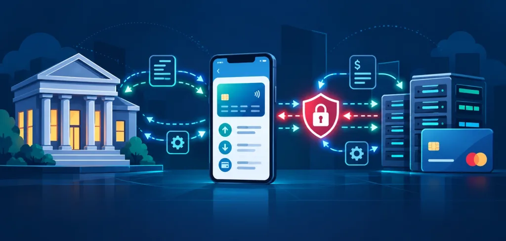 Api Security Best Practices For Fintech In 2026: What Generic Checklists Miss 1 Api Data Flow Between A Bank, Fintech App, And Payment Processor With A Security Checkpoint Highlighted