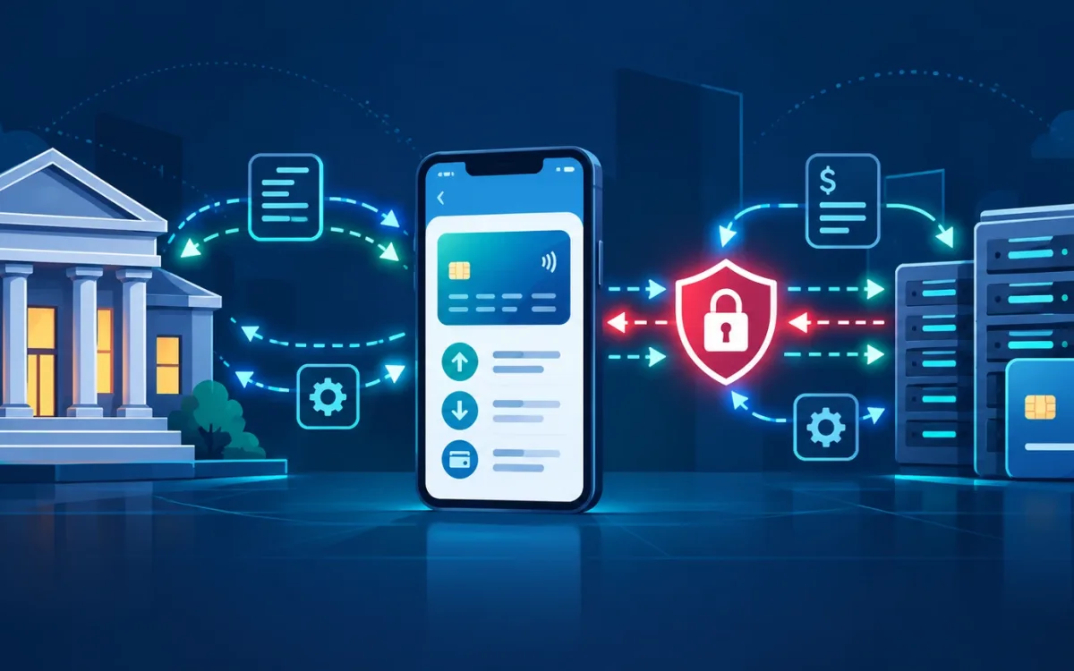 Api Security Best Practices For Fintech In 2026: What Generic Checklists Miss 1 Api Data Flow Between A Bank, Fintech App, And Payment Processor With A Security Checkpoint Highlighted