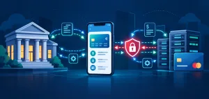 Api Security Best Practices For Fintech In 2026: What Generic Checklists Miss 2 Api Data Flow Between A Bank, Fintech App, And Payment Processor With A Security Checkpoint Highlighted