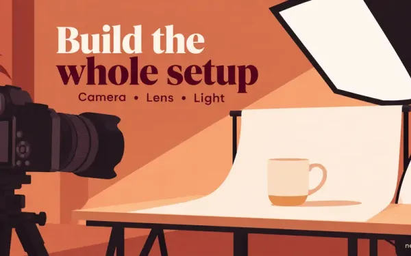 The Best Camera For Product Photography Illustrated By A Tripod-Mounted Camera Facing A Mug With A Softbox, Reflector And Curved Backdrop