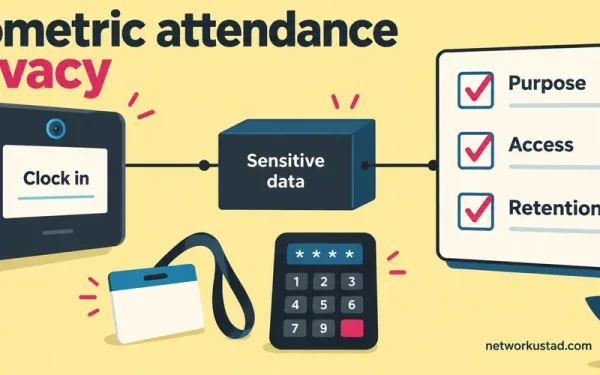 Biometric Attendance Privacy Illustration With A Camera Time Clock, Sensitive-Data Box, Checklist And Badge