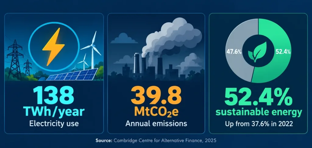 Bitcoin And The Circular Economy: Where The Real Connection Actually Is 2 Infographic Showing Bitcoin'S Annual Electricity Use, Emissions, And Renewable Energy Share Based On 2025 Cambridge Data