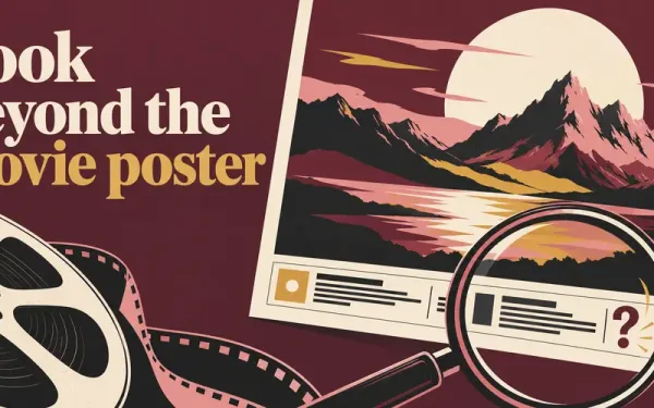 Bollyflix Review Scene With A Film Reel, Mountain Poster, And Magnified Publisher Details Beside A Question Mark