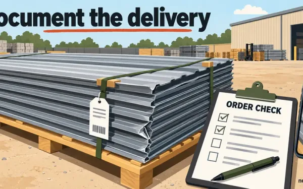 Delivery Evidence For Building-Supplier Complaints: Dented Metal Panels On A Pallet Beside An Order Checklist And Phone Showing The Damage.