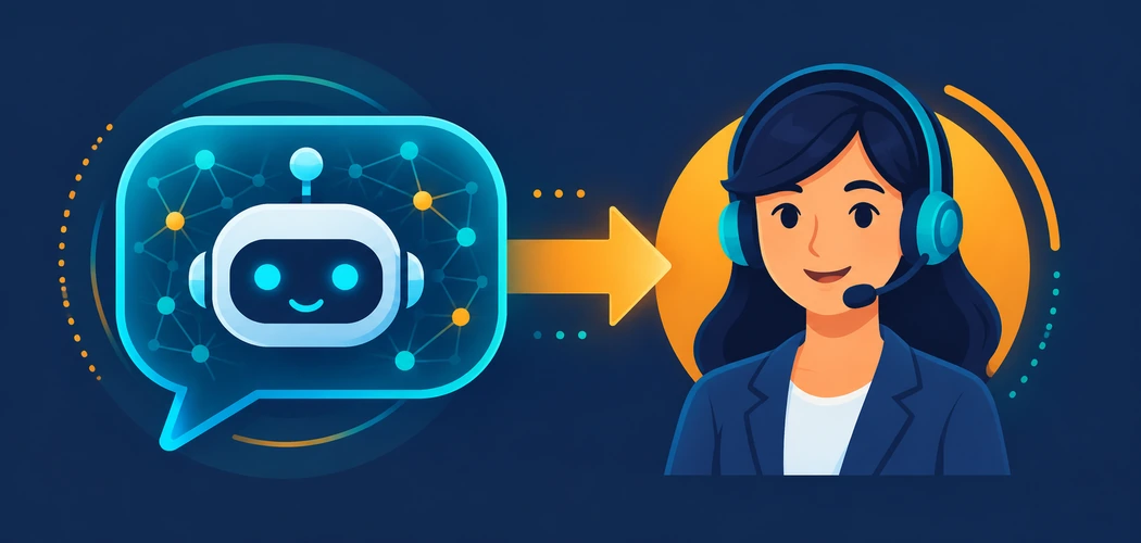 A Chat Bubble With A Neural Network Pattern Connected To A Human Support Agent Icon, Representing Ai-Human Handoff