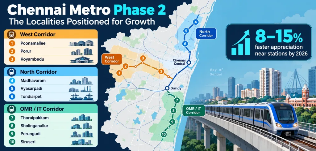 The Future Growth Potential Of New Projects In Chennai: What'S Actually Driving It 2 Map-Style Infographic Of Chennai Metro Phase 2 Corridors And The Ten Localities Positioned For Growth