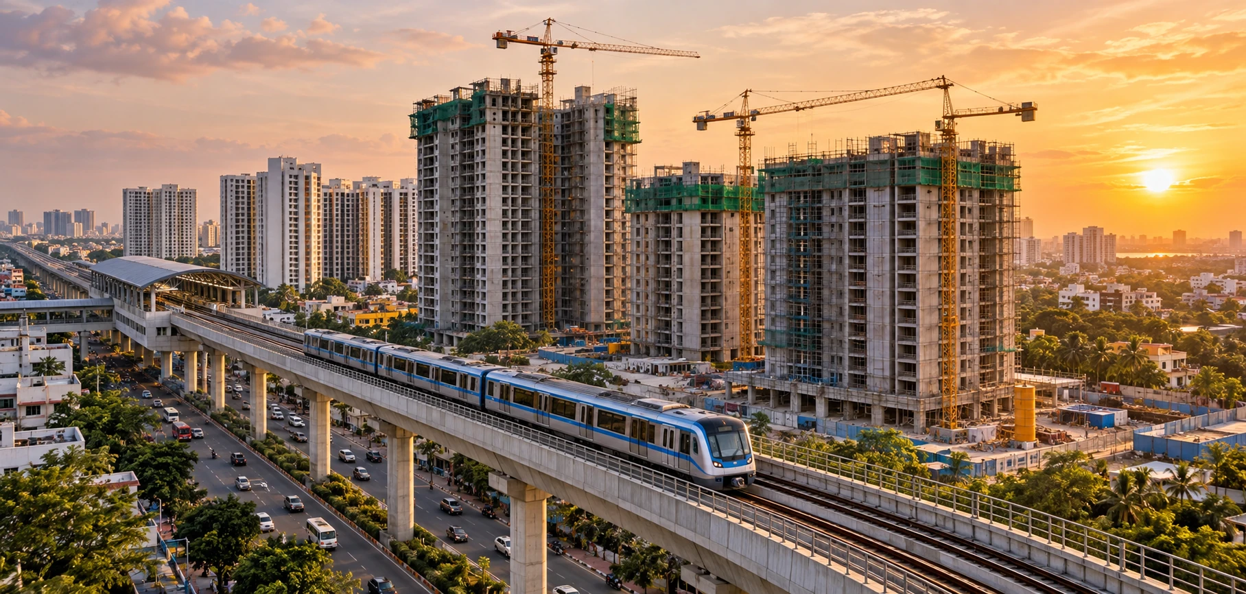 Aerial View Of A New Chennai Residential Project Near An Elevated Metro Line