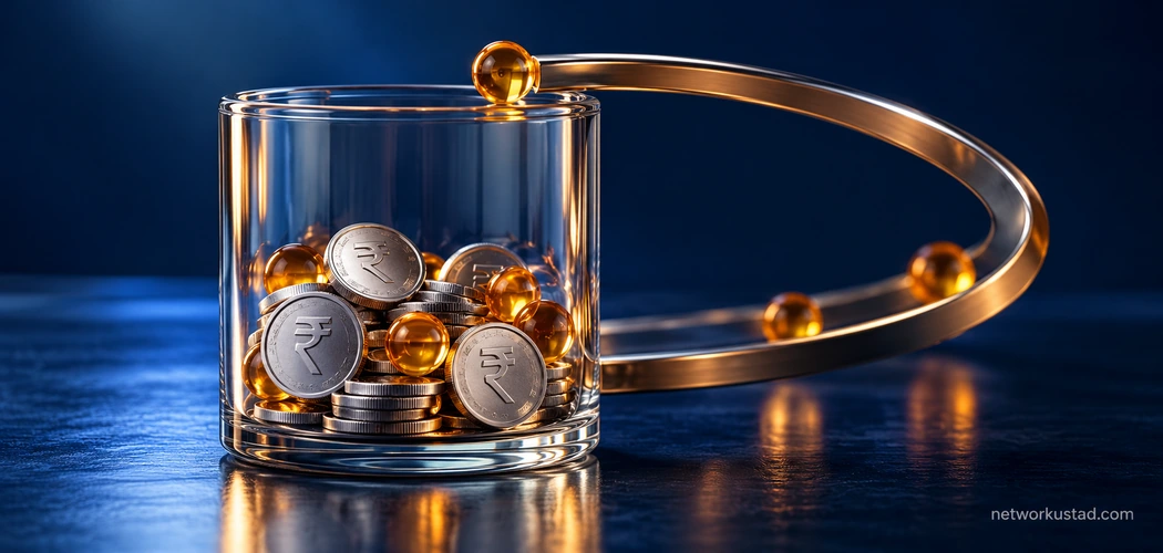 Silver Rupee Coins And Amber Tokens In A Glass Vessel Illustrate Compound Interest In Savings Accounts