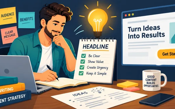 Vector Illustration Of A Copywriter Drafting A Headline With A Call-To-Action Button Nearby
