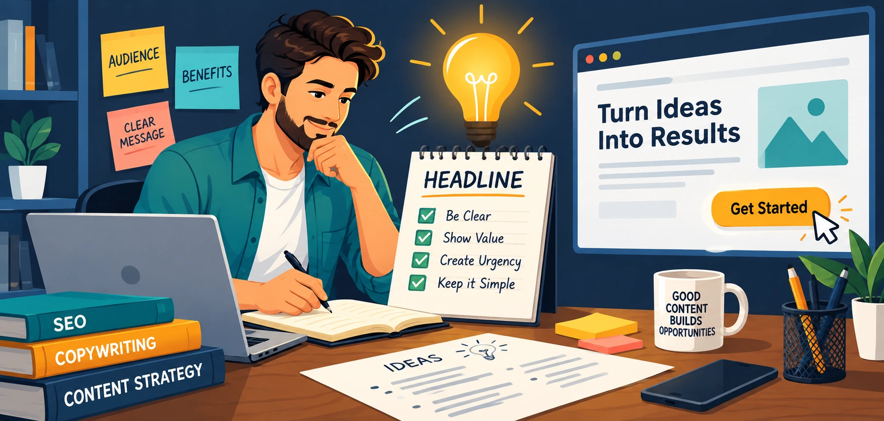 Vector Illustration Of A Copywriter Drafting A Headline With A Call-To-Action Button Nearby