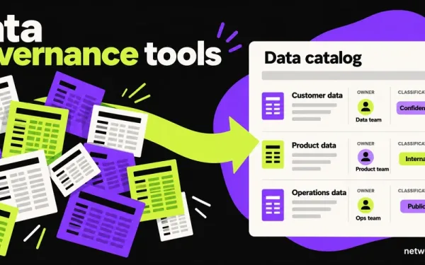 Data Governance Tools Illustration Showing Scattered Dataset Sheets Gathered Into An Organized Catalog