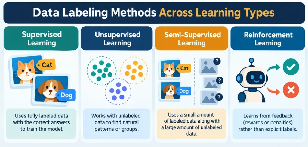 Why Data Labeling Quality Is The Hidden Bottleneck In Machine Learning 2 Four-Column Infographic Comparing Labeling Requirements Across Supervised, Unsupervised, Semi-Supervised, And Reinforcement Learning