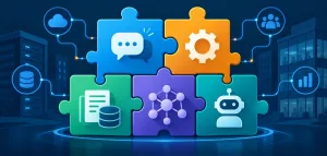 5 Custom Ai Development Companies For Production-Ready Ai 4 Five Ai Capability Icons Fitting Together Into A Larger Enterprise System Shape