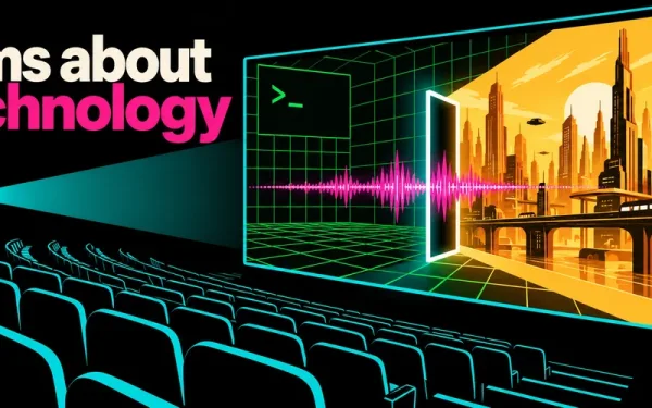 Films About Technology Illustration With An Empty Cinema And A Screen Showing A Digital Doorway And City