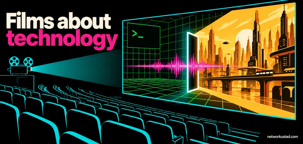 Films About Technology Illustration With An Empty Cinema And A Screen Showing A Digital Doorway And City
