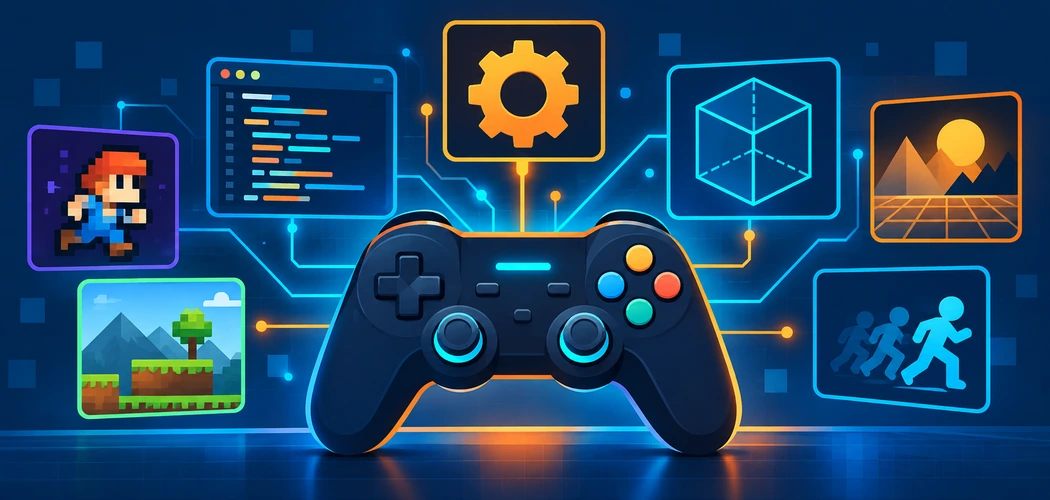 Game Controller Surrounded By Engine And Code Icons Representing A Game Framework Comparison
