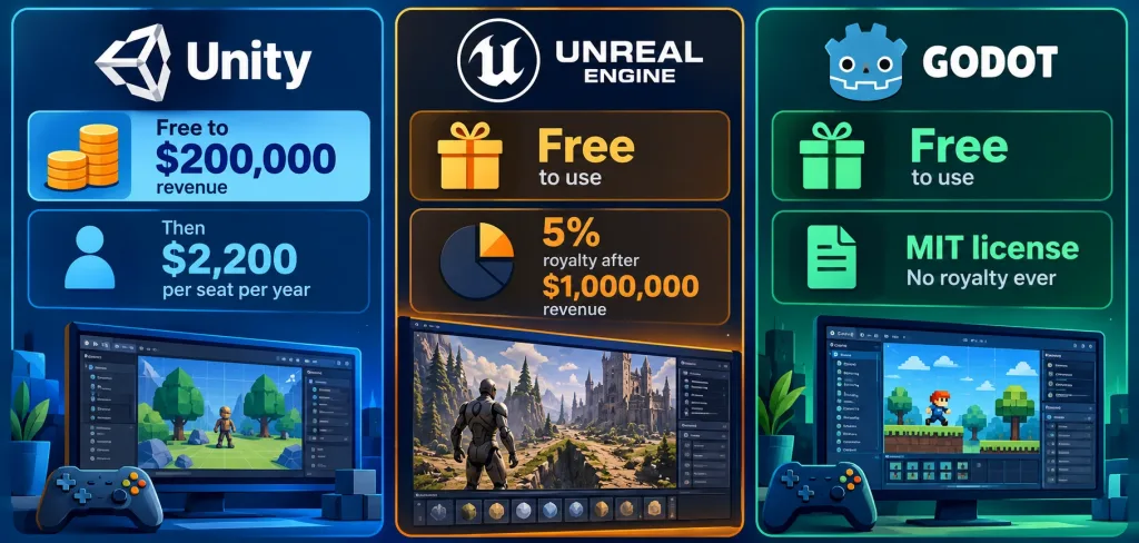 Choosing A Game Development Framework: What Actually Matters In 2026 2 Comparison Chart Of Unity, Unreal Engine, And Godot Licensing Costs And Revenue Thresholds