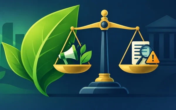 A Green Leaf Icon Balanced Against A Scale Icon Representing Marketing Claims And Regulatory Scrutiny