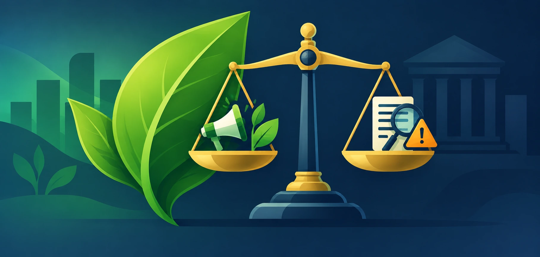 A Green Leaf Icon Balanced Against A Scale Icon Representing Marketing Claims And Regulatory Scrutiny