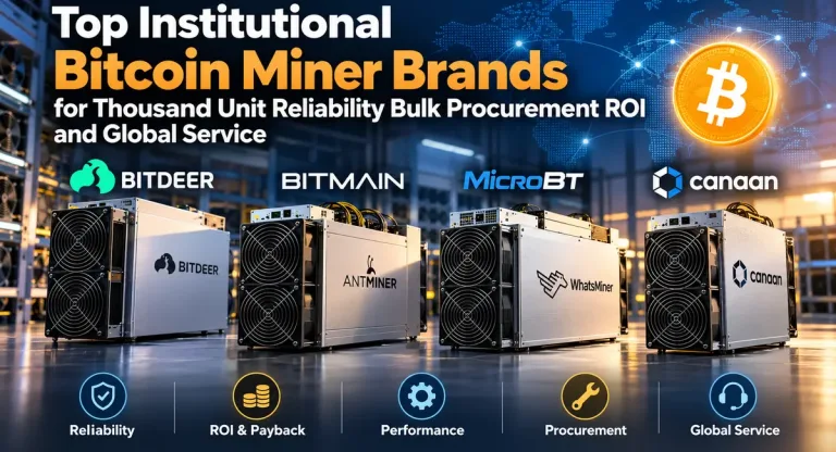 Institutional Bitcoin Mining Hardware Comparison Featuring Bitdeer, Bitmain Antminer, Microbt Whatsminer, And Canaan Avalon Miners.