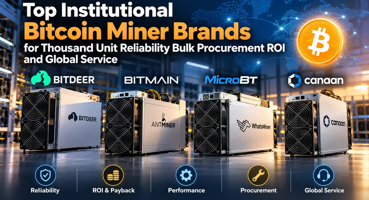 Institutional Bitcoin Mining Hardware Comparison Featuring Bitdeer, Bitmain Antminer, Microbt Whatsminer, And Canaan Avalon Miners.