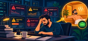 It Burnout: Why It Hits Tech Professionals Hardest And What Actually Helps 2 Vector Illustration Of A Stressed It Professional At A Multi-Monitor Desk