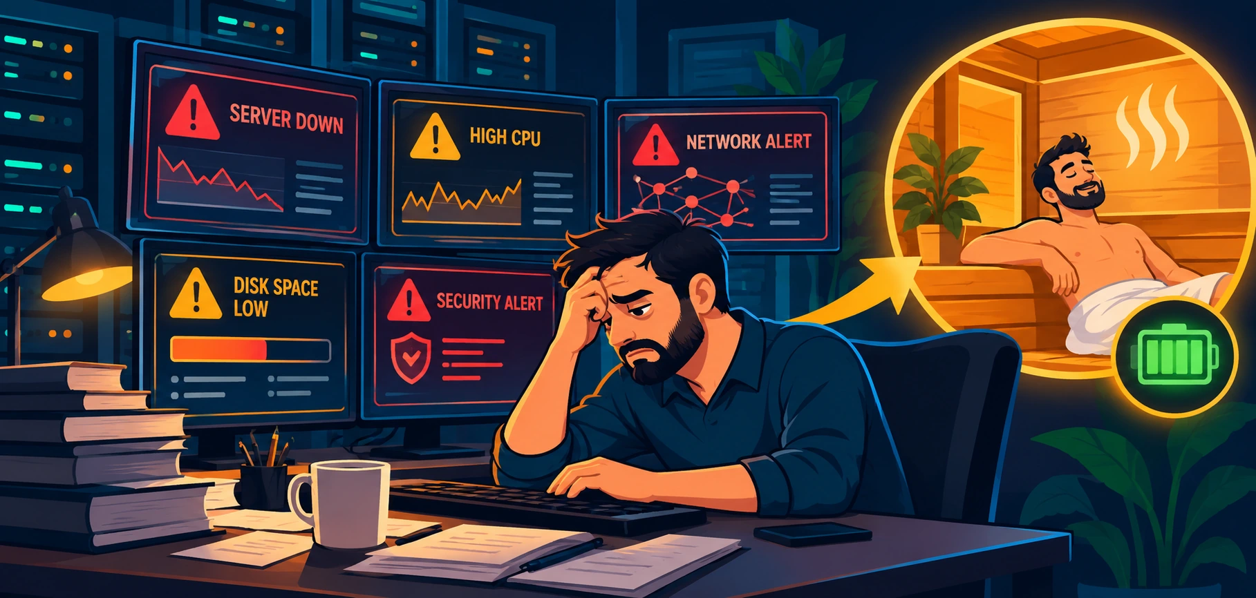It Burnout: Why It Hits Tech Professionals Hardest And What Actually Helps 1 Vector Illustration Of A Stressed It Professional At A Multi-Monitor Desk