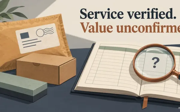 Knife Aid Net Worth Scene With A Padded Mailer, Parcel, Sharpening Stone, And Open Ledger With A Question Mark