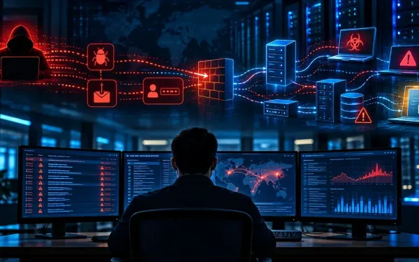 Cybersecurity Operations Center Reviewing Suspicious Network Activity, Malware Alerts, Compromised Endpoints, And Protected Server Infrastructure.