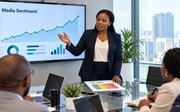 A Woman Presenting A Reputation Risk Review To A Seated Leadership Team, With A Rising Media-Sentiment Graph Displayed On The Screen Behind Her.