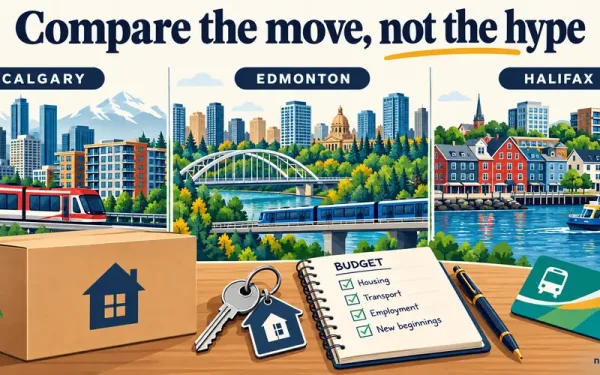 Calgary, Edmonton, And Halifax City Scenes With Transport, Keys, And A Budget Notebook For Moving To Canada