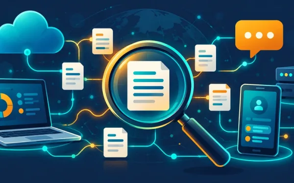 Magnifying Glass Over Connected Devices And Cloud Icons Representing Digital Forensic Investigation