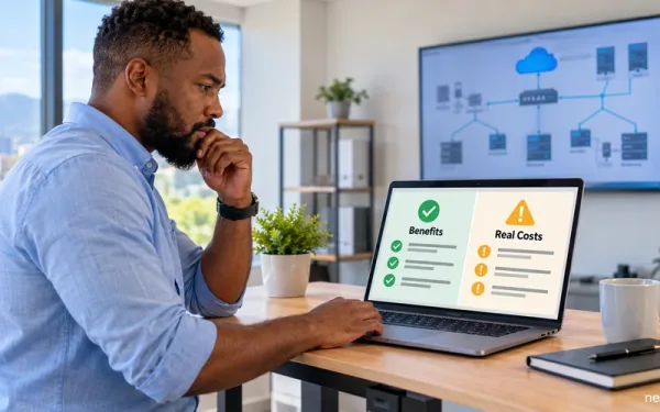 A Person Evaluating Cloud Collaboration Software By Comparing A Benefits List Against A Real-Costs List On A Laptop Screen