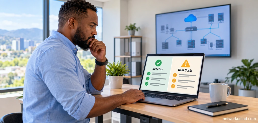A Person Evaluating Cloud Collaboration Software By Comparing A Benefits List Against A Real-Costs List On A Laptop Screen