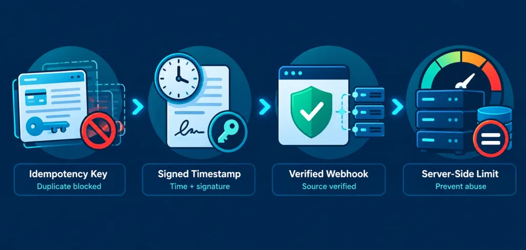 Api Security Best Practices For Fintech In 2026: What Generic Checklists Miss 2 Icon-Based Infographic Showing Idempotency Keys, Signed Requests, Verified Webhooks, And Server-Side Money Limits