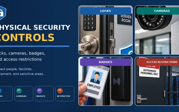Physical Security Controls Including Locks, Security Cameras, Employee Badges, And Access Restrictions.