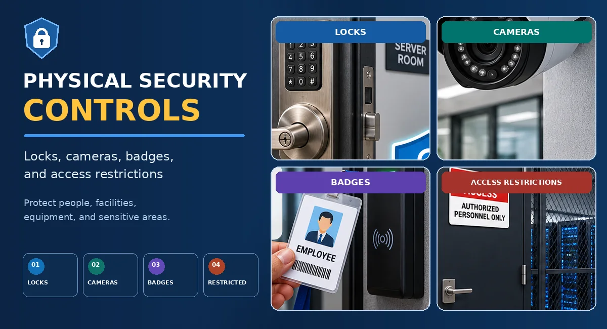Physical Security Controls: Locks, Cameras, Badges, And Access Restrictions 1 Physical Security Controls Including Locks, Security Cameras, Employee Badges, And Access Restrictions.