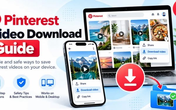 Pinterest Video Download Guide Showing Video Pins On Mobile And Desktop With A Download Option.