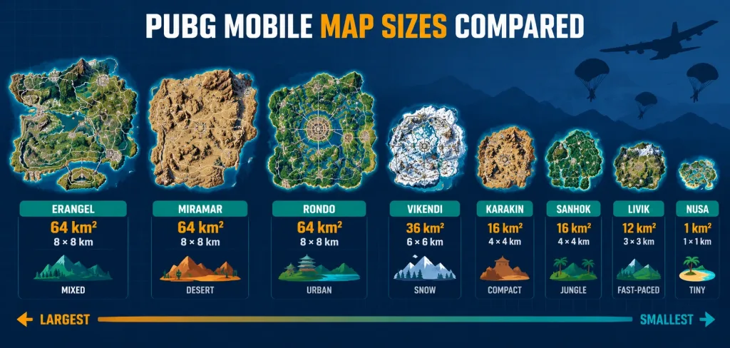 Pubg Mobile: Inside The Battle Royale That Keeps Reinventing Itself 2 Infographic Comparing The Sizes Of All Eight Pubg Mobile Maps From Nusa To Erangel