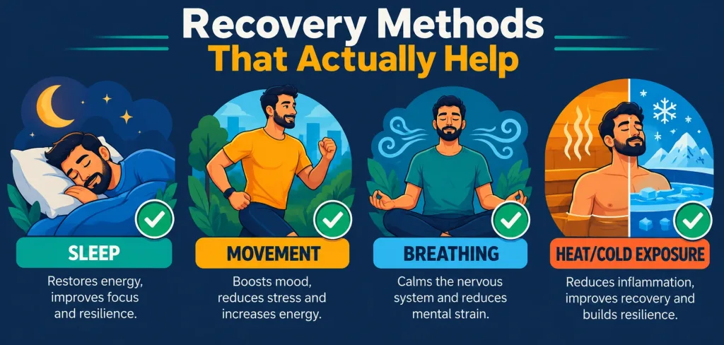 It Burnout: Why It Hits Tech Professionals Hardest And What Actually Helps 2 Infographic Listing Four Evidence-Supported Stress Recovery Methods For It Professionals