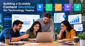 Building A Scalable Content Workflow For Technology Teams 2 Technology Team Collaborating On A Scalable Content Workflow For Planning, Creating, Reviewing, Publishing, And Scaling Content.