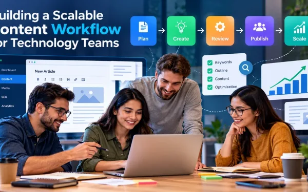 Technology Team Collaborating On A Scalable Content Workflow For Planning, Creating, Reviewing, Publishing, And Scaling Content.